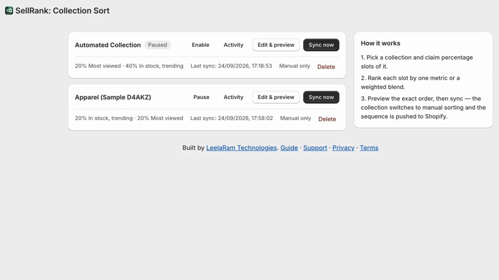 SellRank home page listing two smart sorts, each with its plan, last sync and a Sync now button