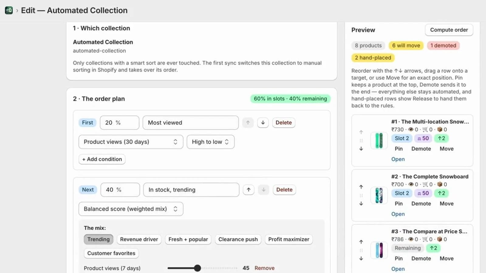 Order plan with two ranked slots beside a live preview of the resulting order