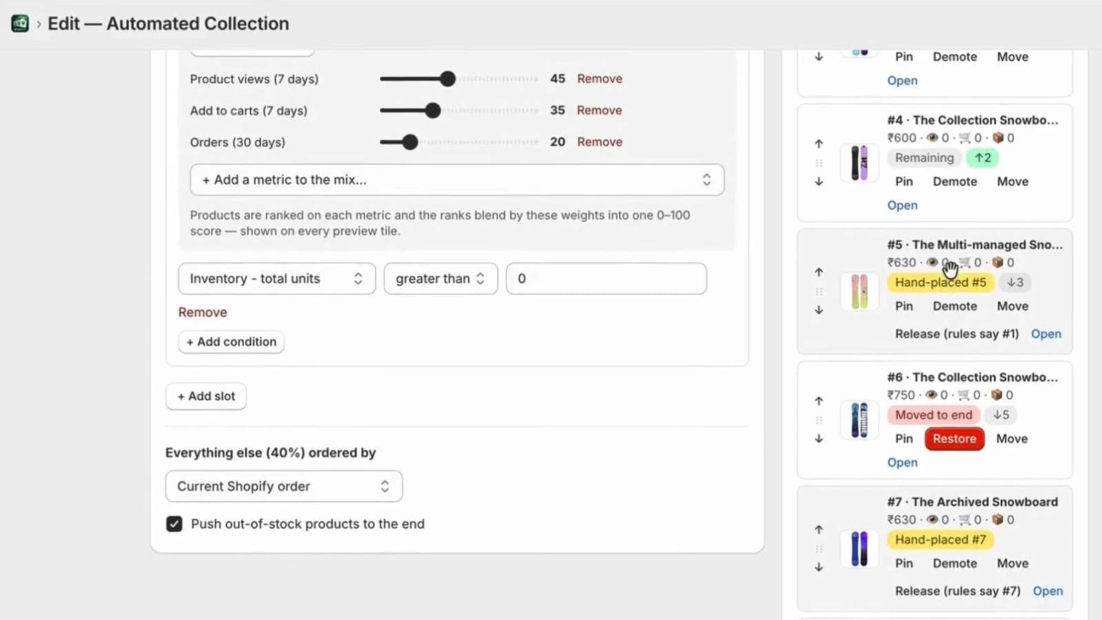 Preview tiles showing pinned, demoted and hand-placed products with Pin, Demote and Move controls