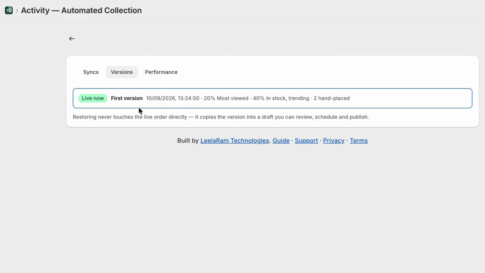 Activity page for a collection with its Syncs, Versions and Performance tabs