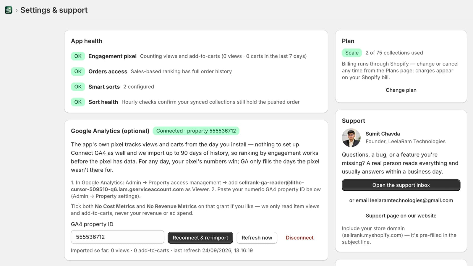 Settings page with four passing health checks and a connected Google Analytics property