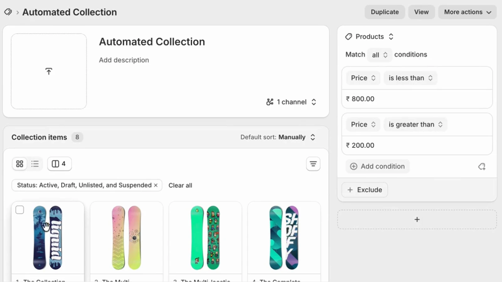 A Shopify admin collection page with its sort set to Manually