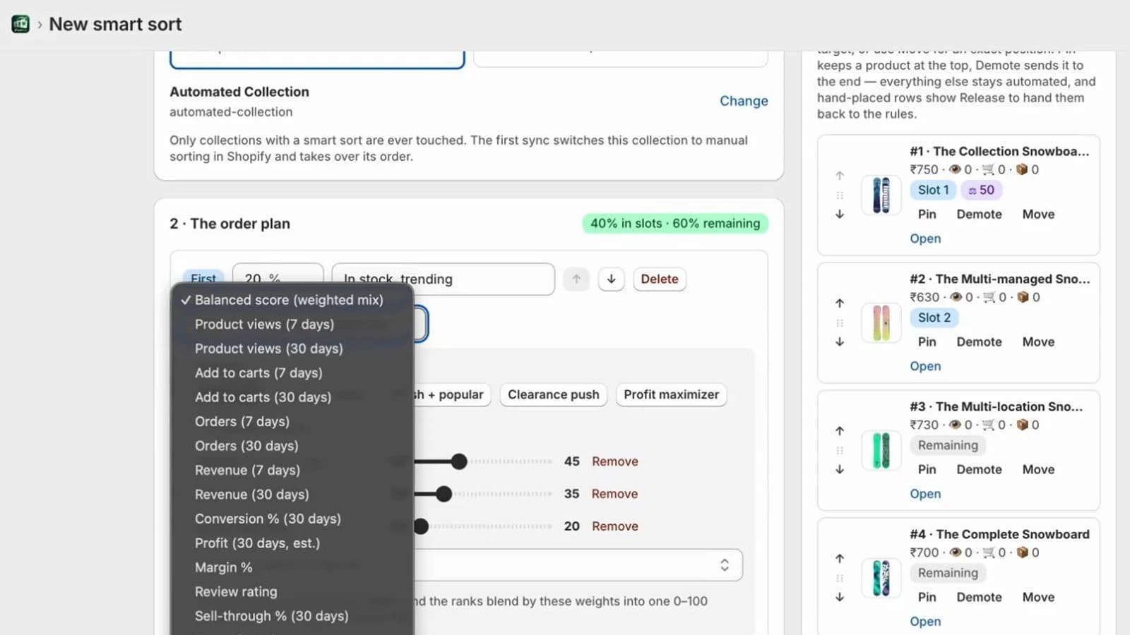 The SellRank ranking menu listing every measure a slot can be ranked by
