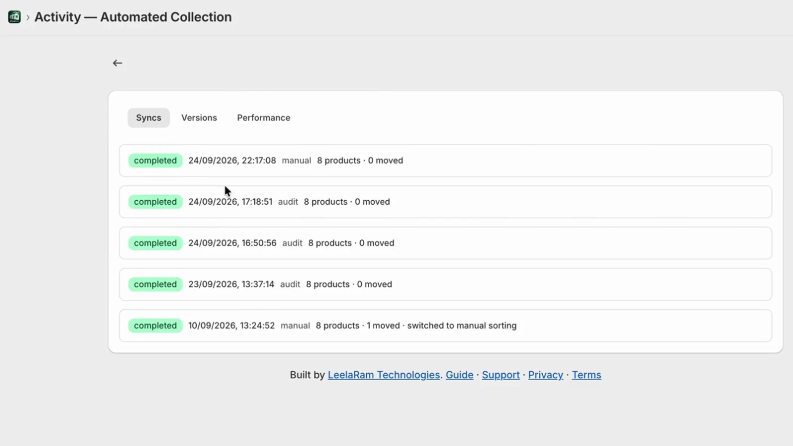 The SellRank Activity page listing completed syncs